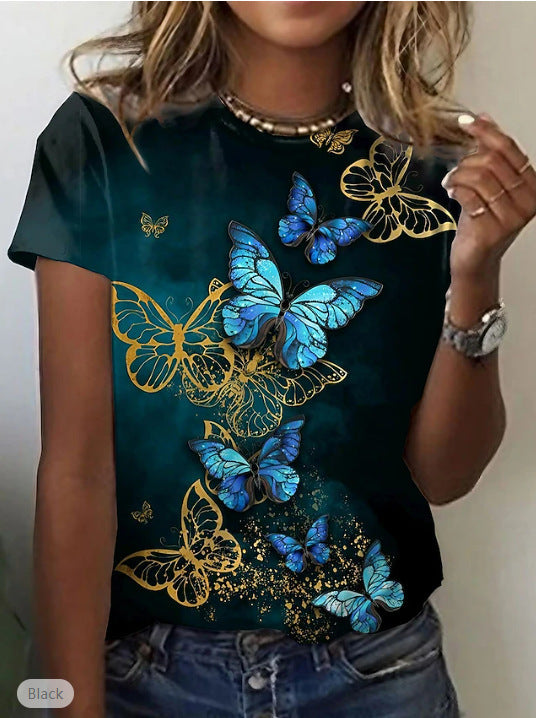 Dame T-shirt med rund hals og korte ærmer med 3D-blomsterprint