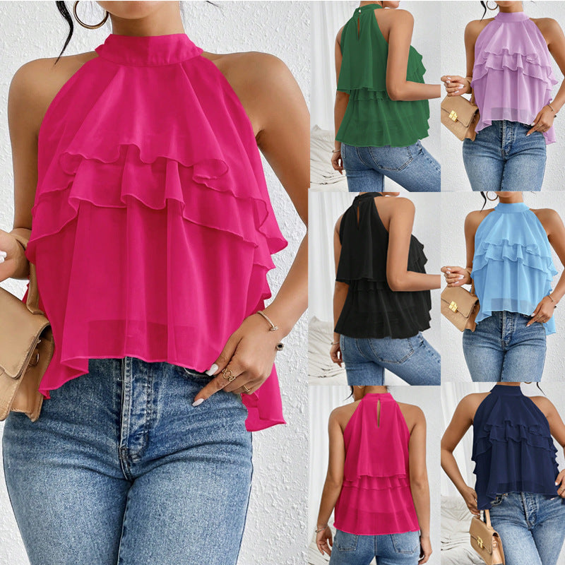 Women's Versatile Solid-color Halter-neck Sleeveless Top With An Irregular Ruffled Hem