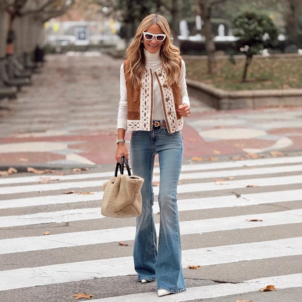 New-style Lace-trimmed Patchwork Sleeveless Top Vest