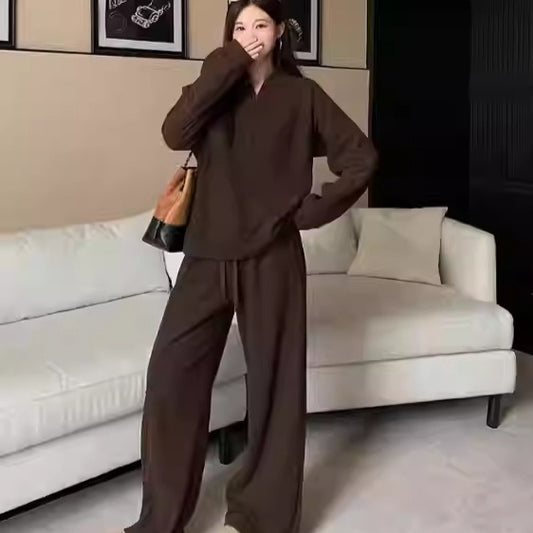Laid-back Casual Half-Open Collar Sweater And High-Waist Wide-Leg Pants Set