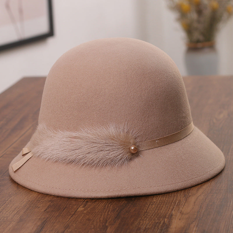 Hat Female Mink Fur Decoration Woolen Bowler Hat Korean All-match Warm Bucket Hat