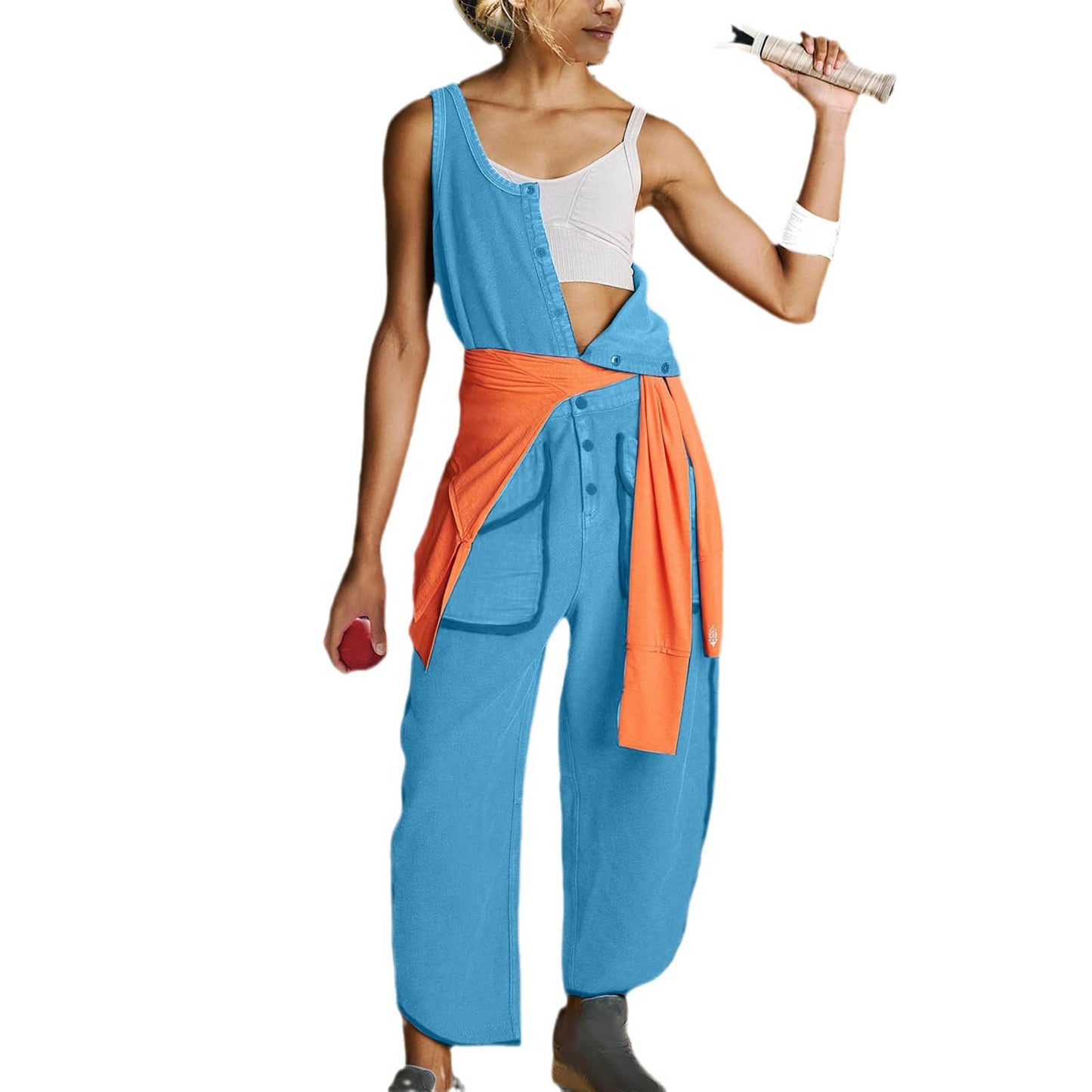 Women's Casual Solid Color Round Neck Sleeveless Elastic Waist With Pocket Jumpsuit
