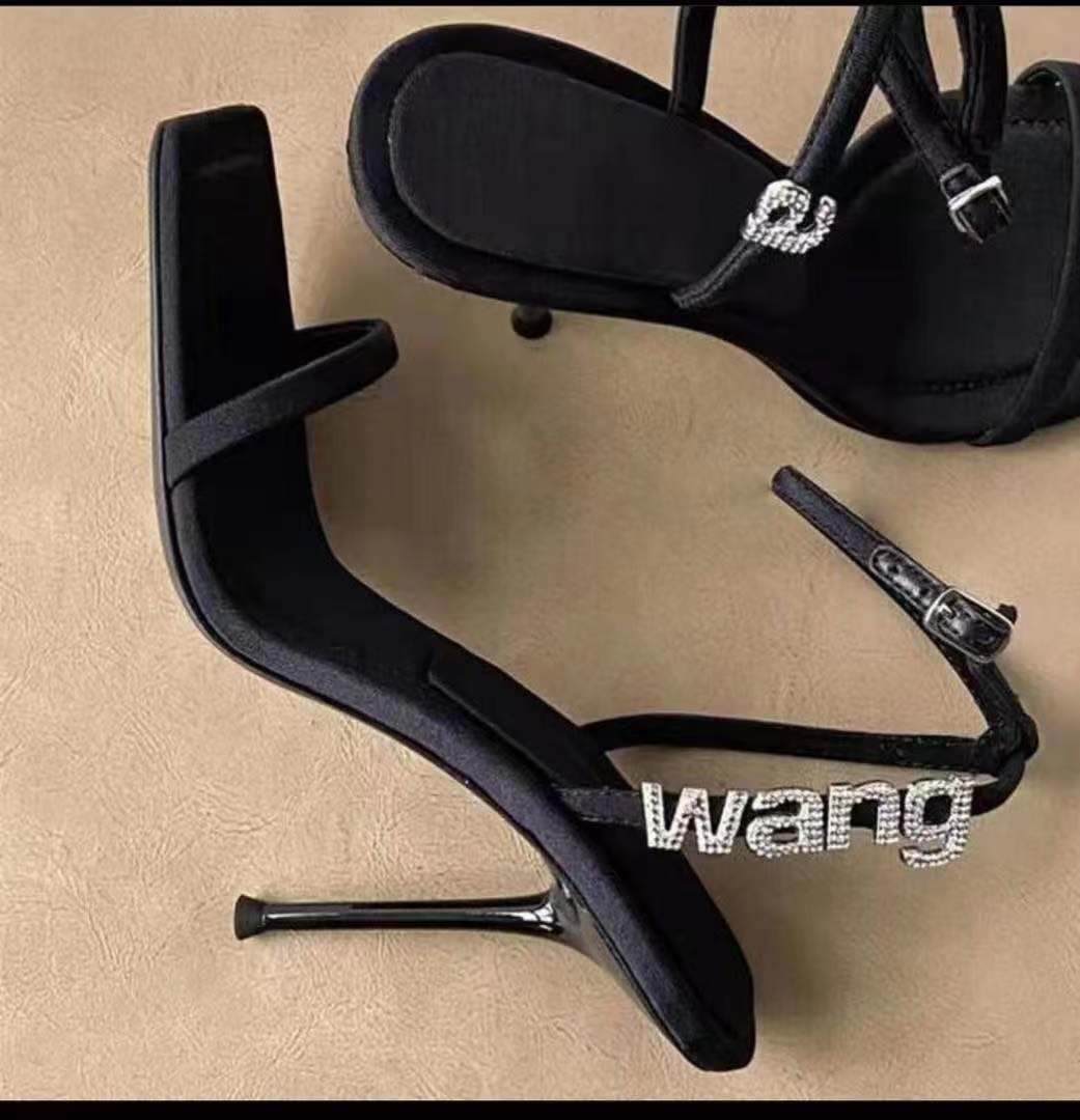 Women's New Summer Rhinestone Letters Square Toe Stiletto Heels