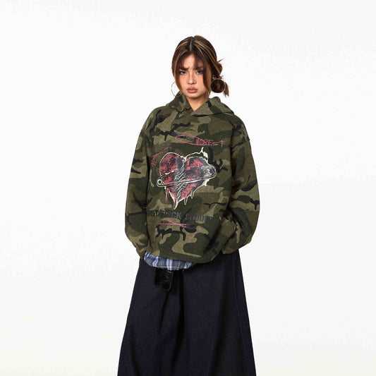 Retro Love Camouflage Hættetrøje Løs Pullover Top