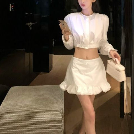 Korean New Fashion Set White Short Long Sleeve Shirt Women