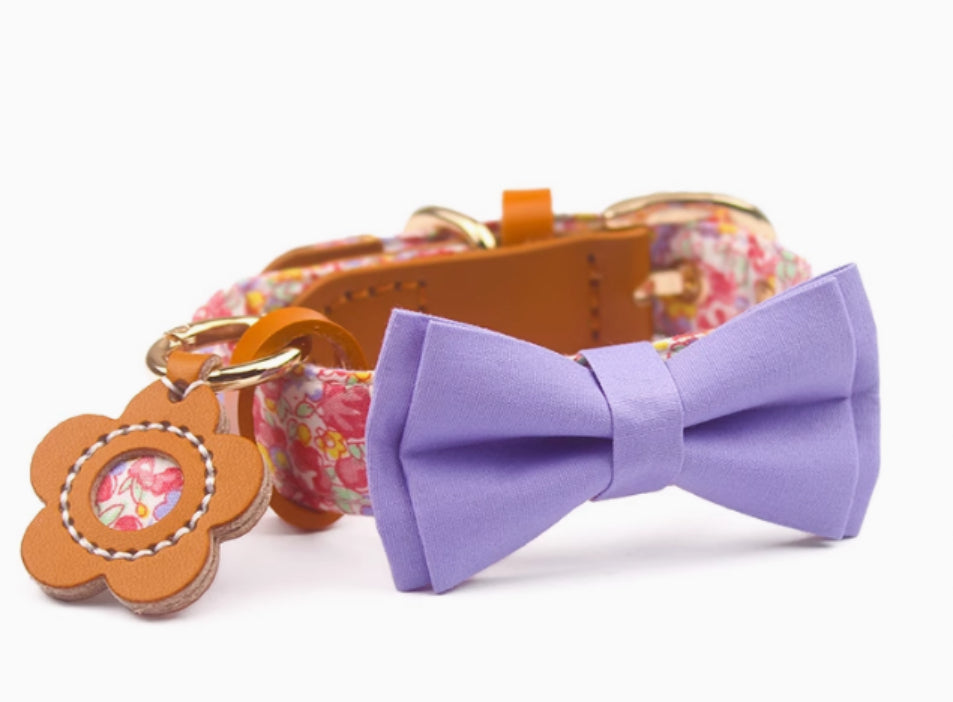Cowhide Stitching Floral Cotton Pet Dog Collar Hand Holding Rope