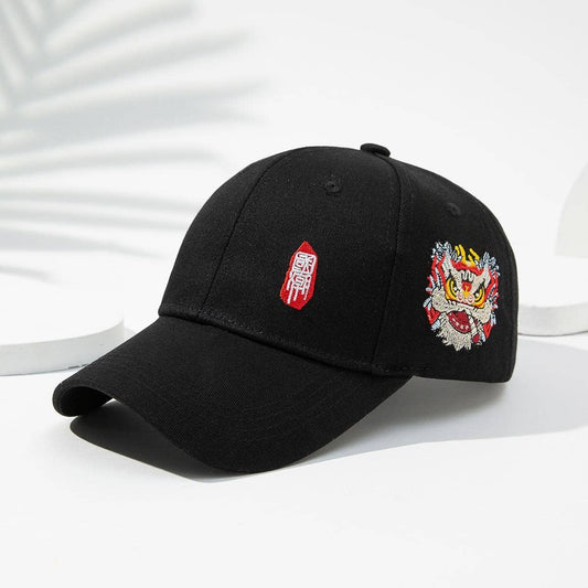 Men's Black And White Printed Chinese-style Lion-themed Large-sized Sun-protective, Fashionable And Versatile Baseball Cap, Suitable For Daily Use, Outdoor Activities And Street Play.