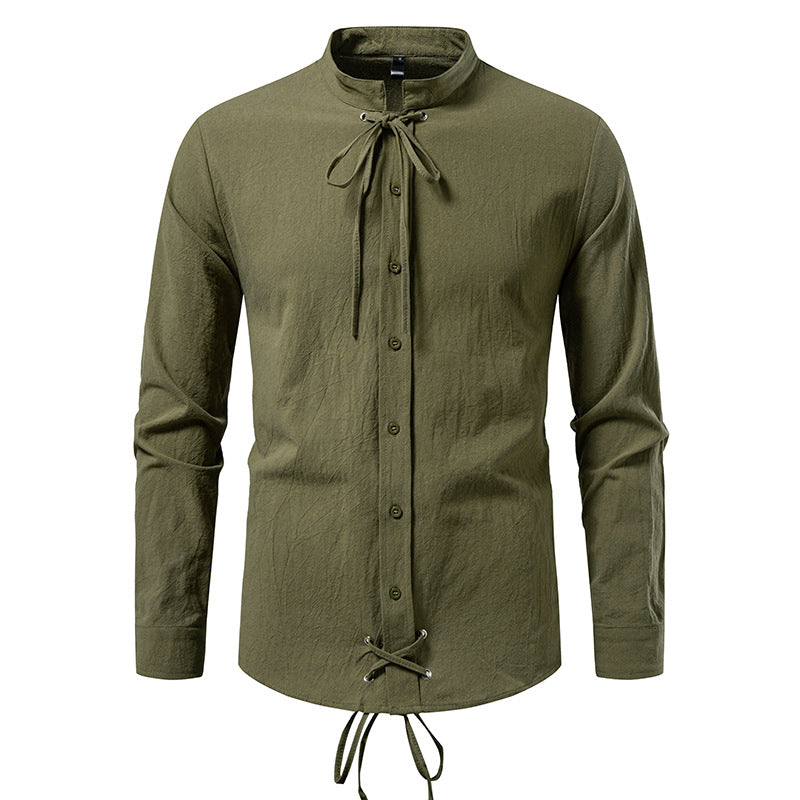 Pirate Drawstring Men's Cotton And Linen Long Sleeve European Size Shirt