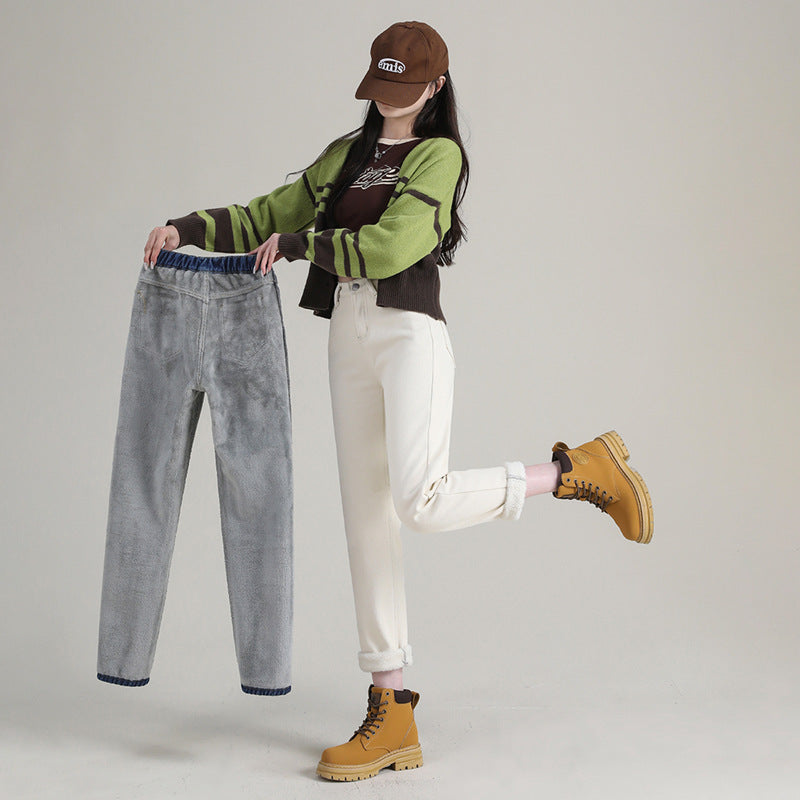 Højtaljede tykke fleeceforede jeans til kvinder, lige model