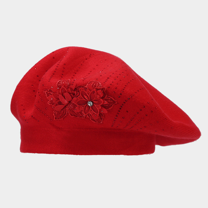British Retro Beret Women's Fashion Flower Rhinestone Knitted Painting