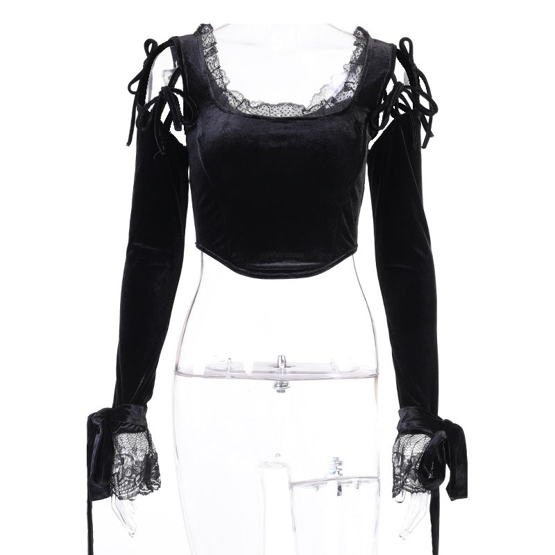 Dark Girl Bottoming Lace Breast-showing Long-sleeved Top