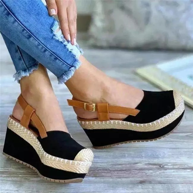 Wedge Heel Color-blocked Toe-toe Straw Buckle Sandals