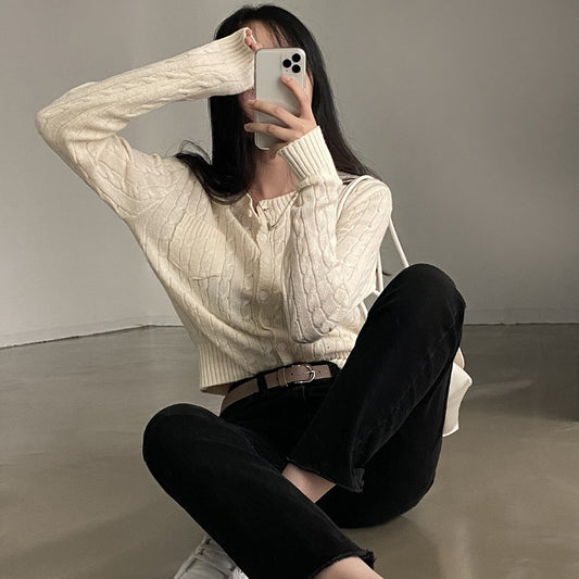 Korean Ins Casual Hemp Pattern Long Sleeve Knitted Sweater Cardigan