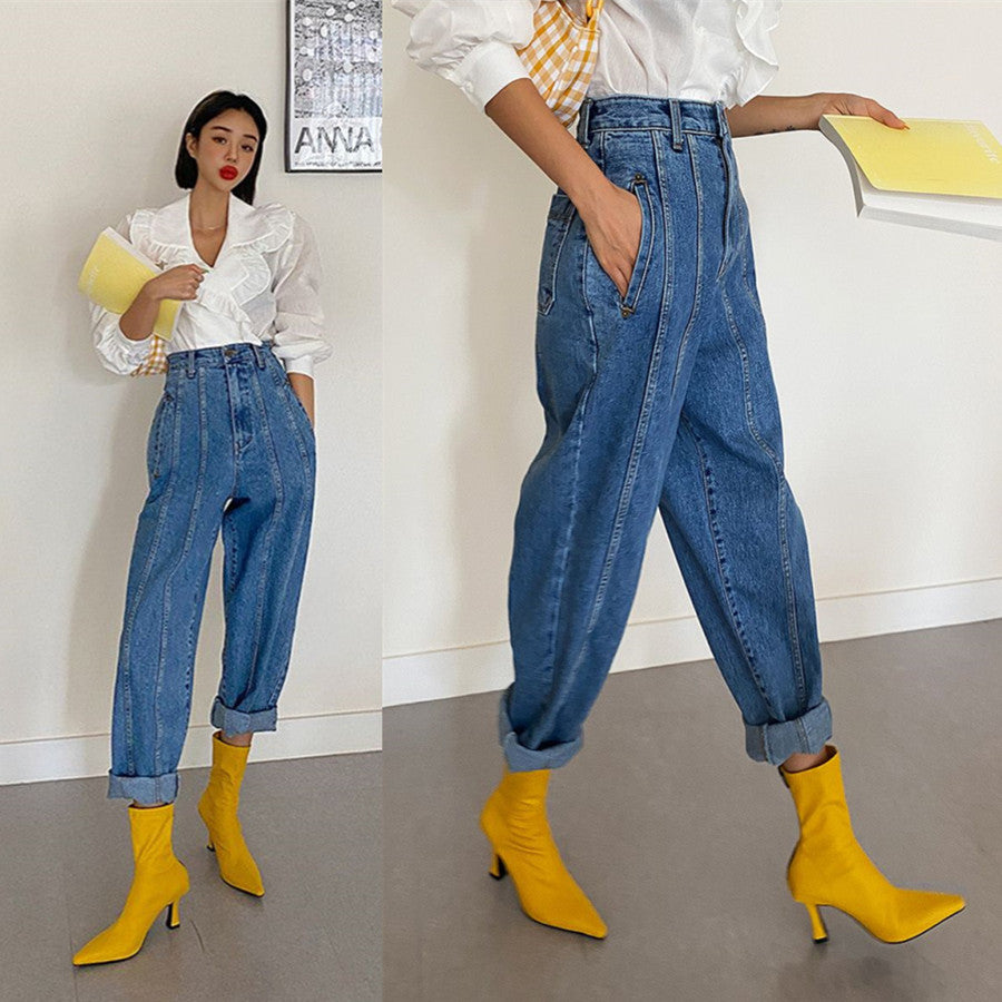 Letter Small Label Stitching Line Retro Straight High-rise Jeans