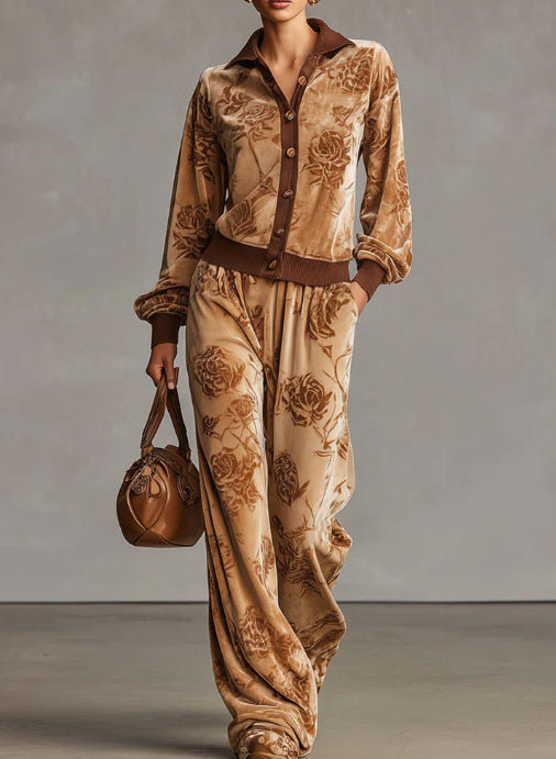 Sporty Retro Rose Velvet Cardigan Sweatshirt WideLeg Pants Set