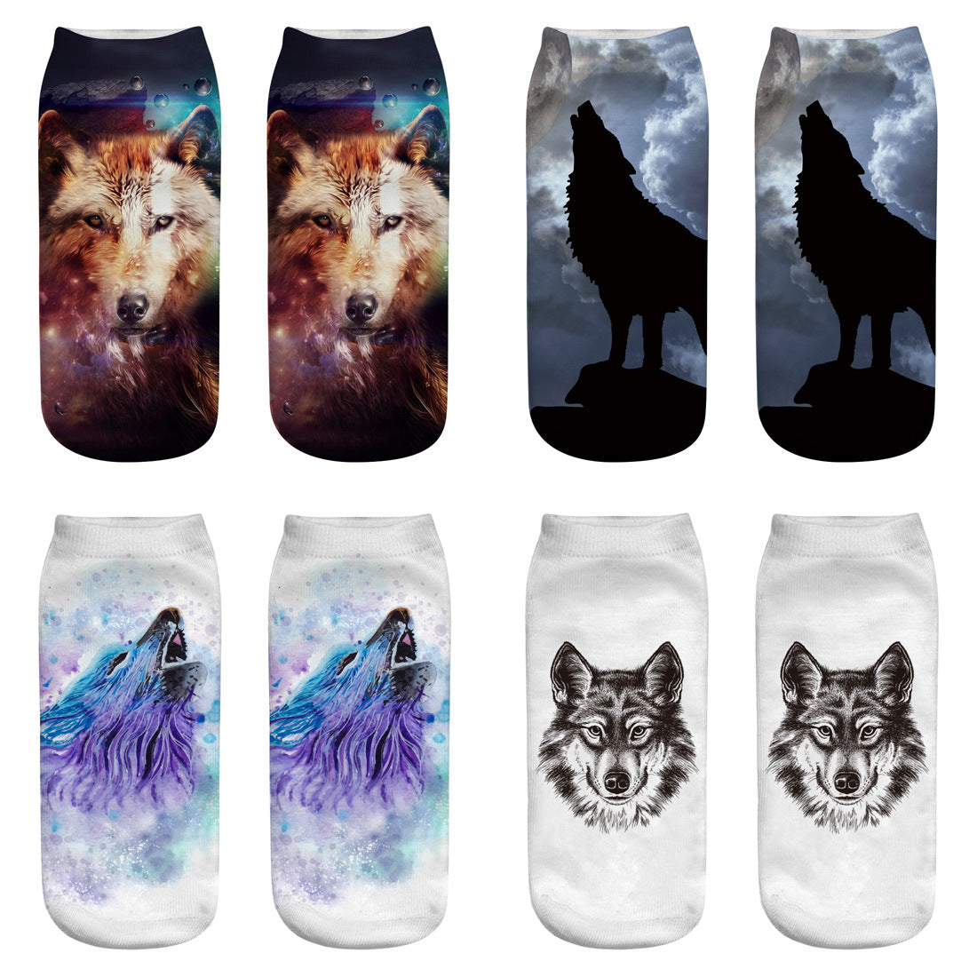 Printed Women's Socks Wolf Head 3D Printing Short Socks Creative Intention