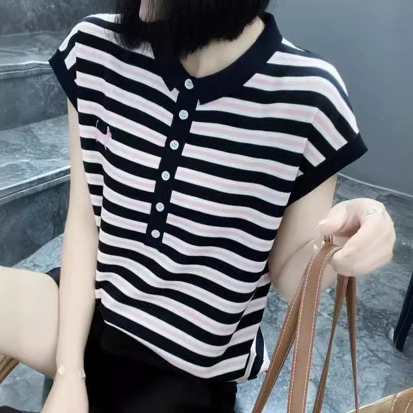 Half-button Small Lapel Ice Silk Knitted Embroidered Striped Vest Top