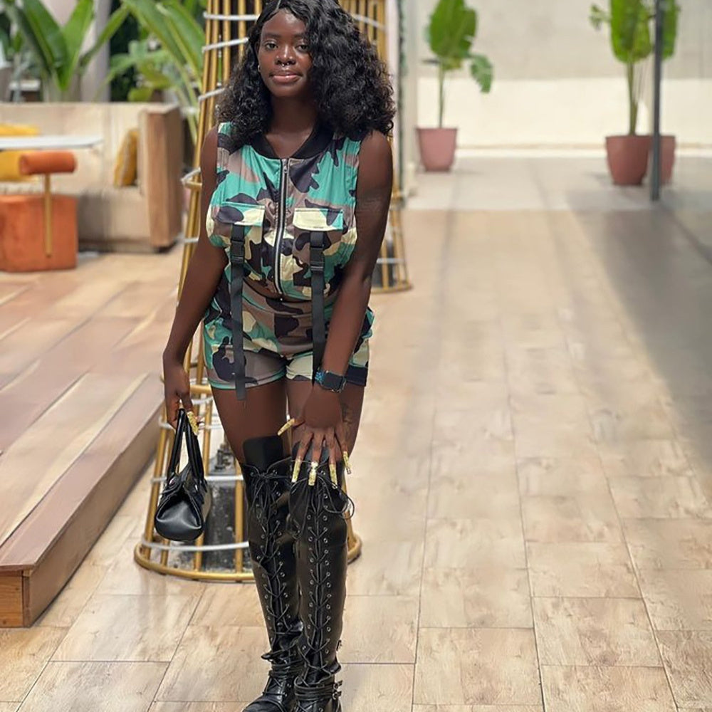 Camouflage-print Tank Top Vest And Shorts Two-piece Set