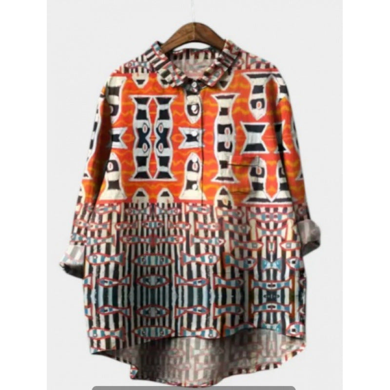 Women's Summer Loose Casual Graffiti Printing Long Sleeve Shirt