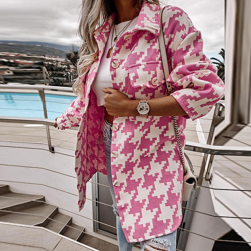 Loose-fitting Long Sleeves Houndstooth Woolen Coat