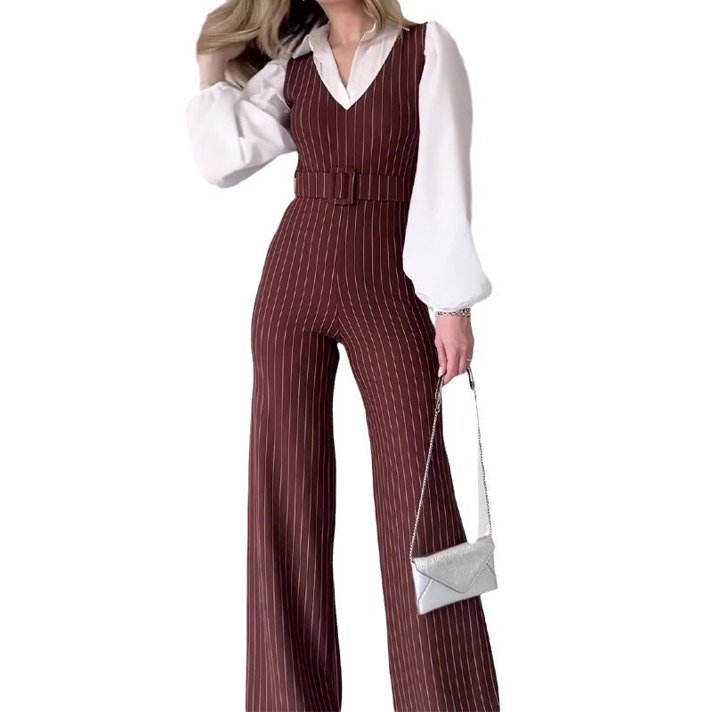 Color Contrast Patchwork Fashion High Waist Striped Straight Jumpsuit