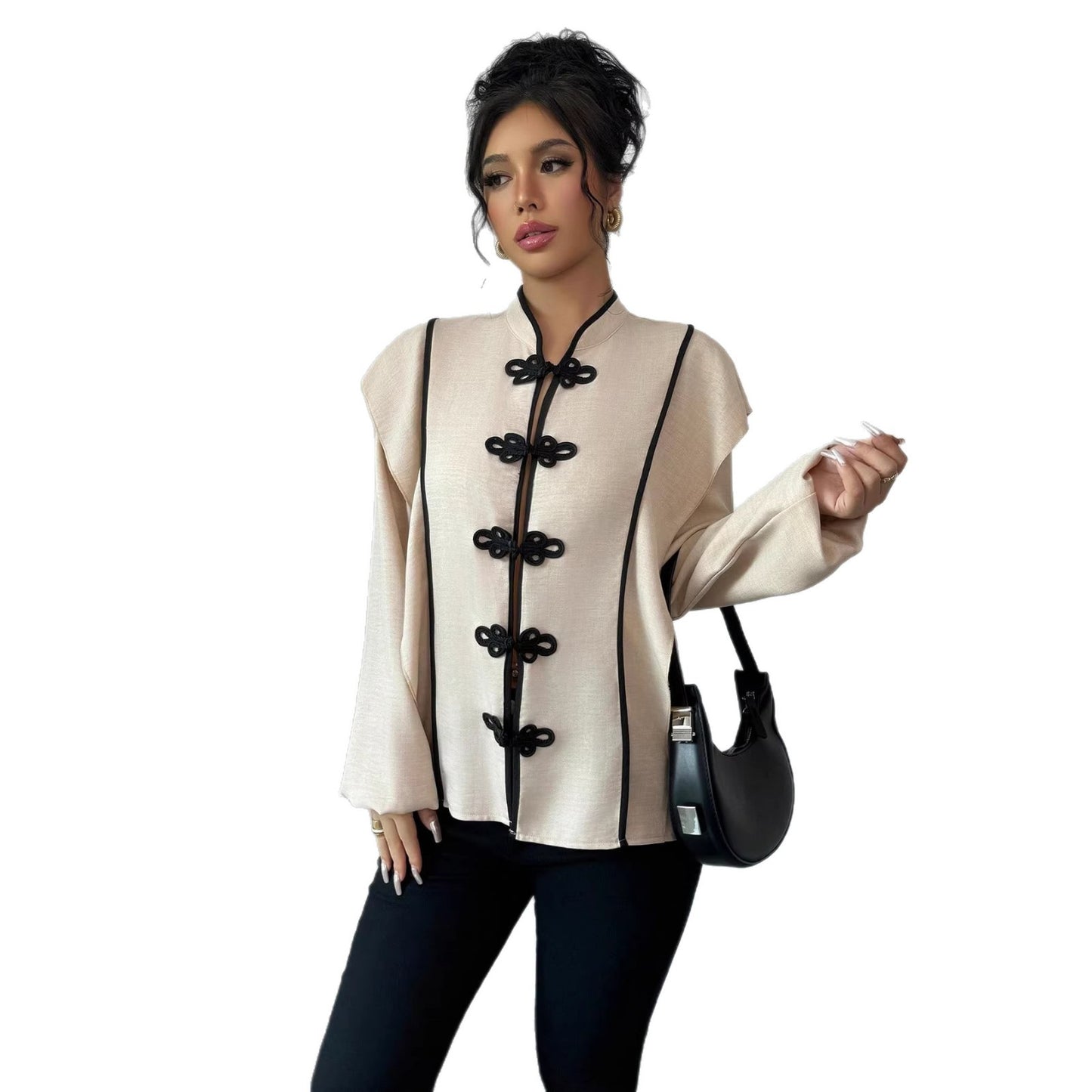 Womens Chinese-knot Ethnic-style Long-sleeve Blouse