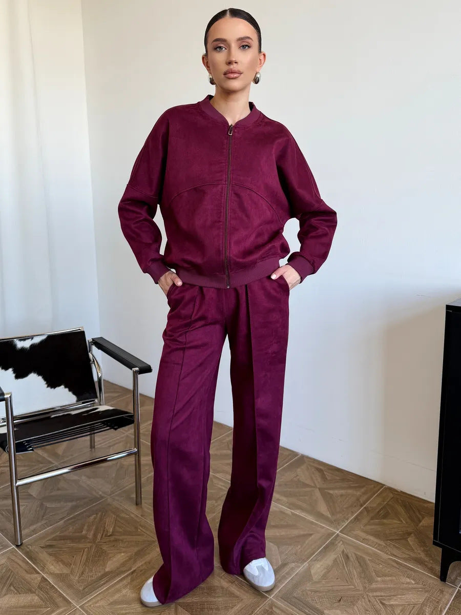 Solid-color Zip-up Cardigan Womens Hoodie Set