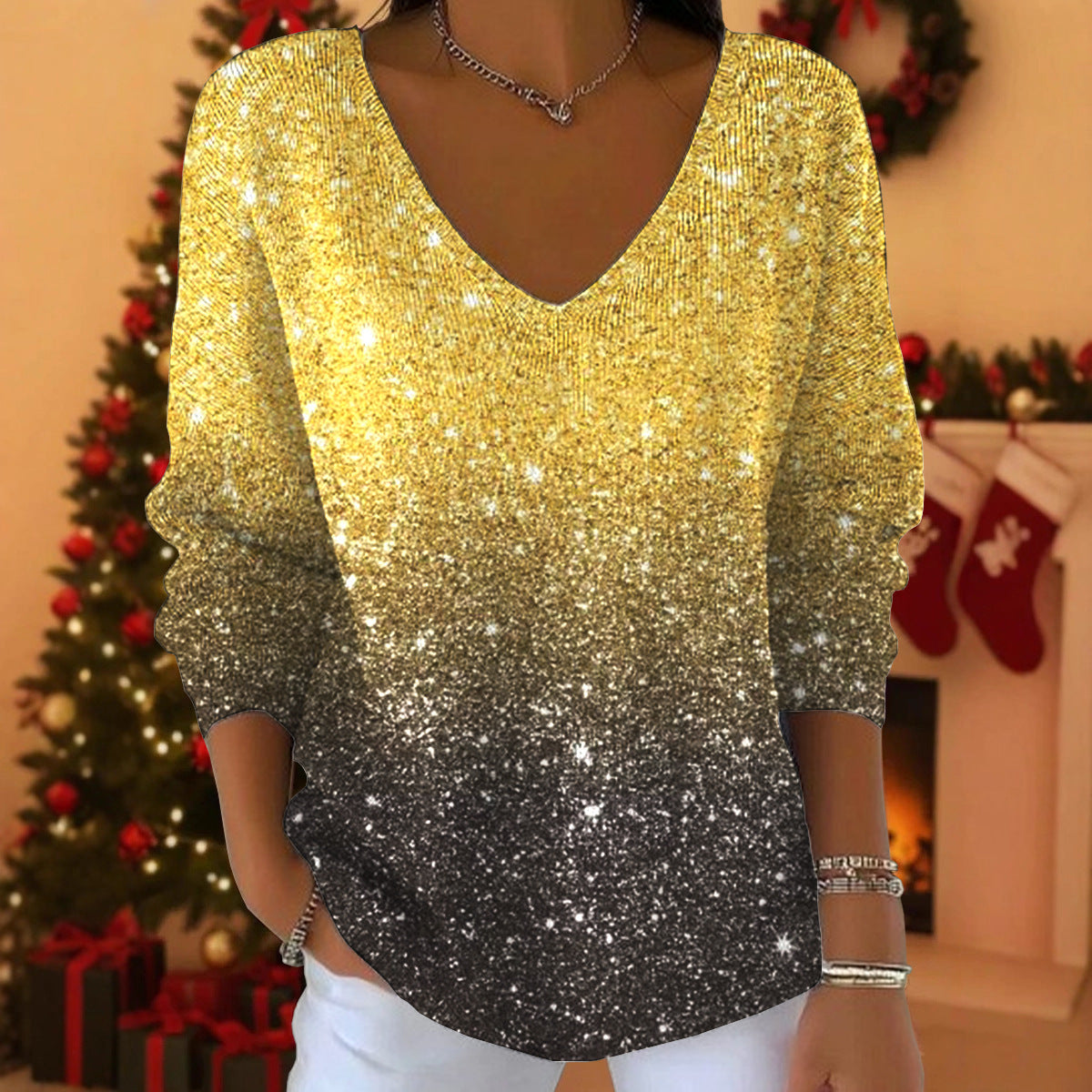 Womens 3D Digital-Print Drop-Shoulder V-Neck Long-Sleeve Pullover Top
