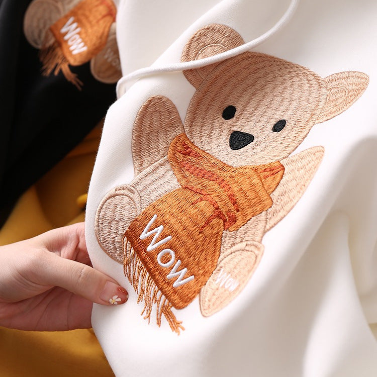 Women's Trendy Spring And Autumn Bear Embroidery Hooded Sweater