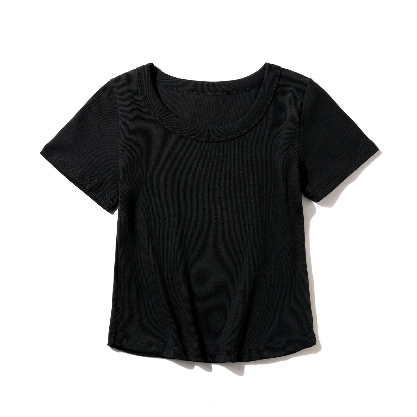 Women's French-style O-neck Short ICE Cotton T-shirt With Curved Hem
