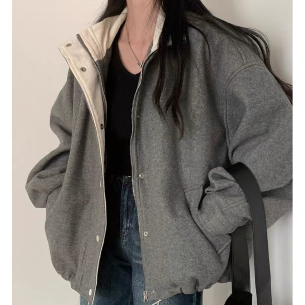 French Retro Lapels Loose Wool Coat Overcoat