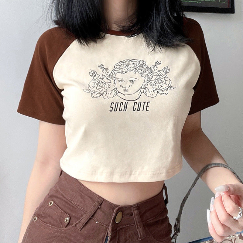 European And American Fashion Retro Round Neck Brown T-shirt