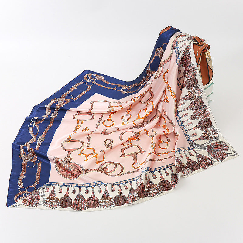 Horseshoe Buckle Stitched Fringed Print Scarf Women's Headscarf
