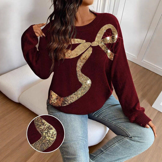 Round Neck Bowknot Sequin Embroidery Elegant Sequined Plus Size Sweater