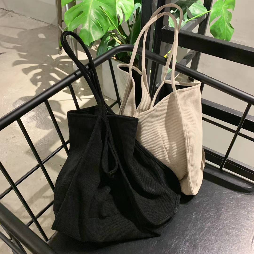 Retro Corduroy Open Mouth Large Capacity Student Tote Bag