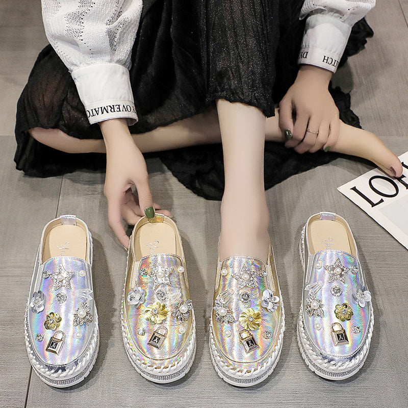 Women's Rhinestone Heelless Slip-ons Toe Sandals