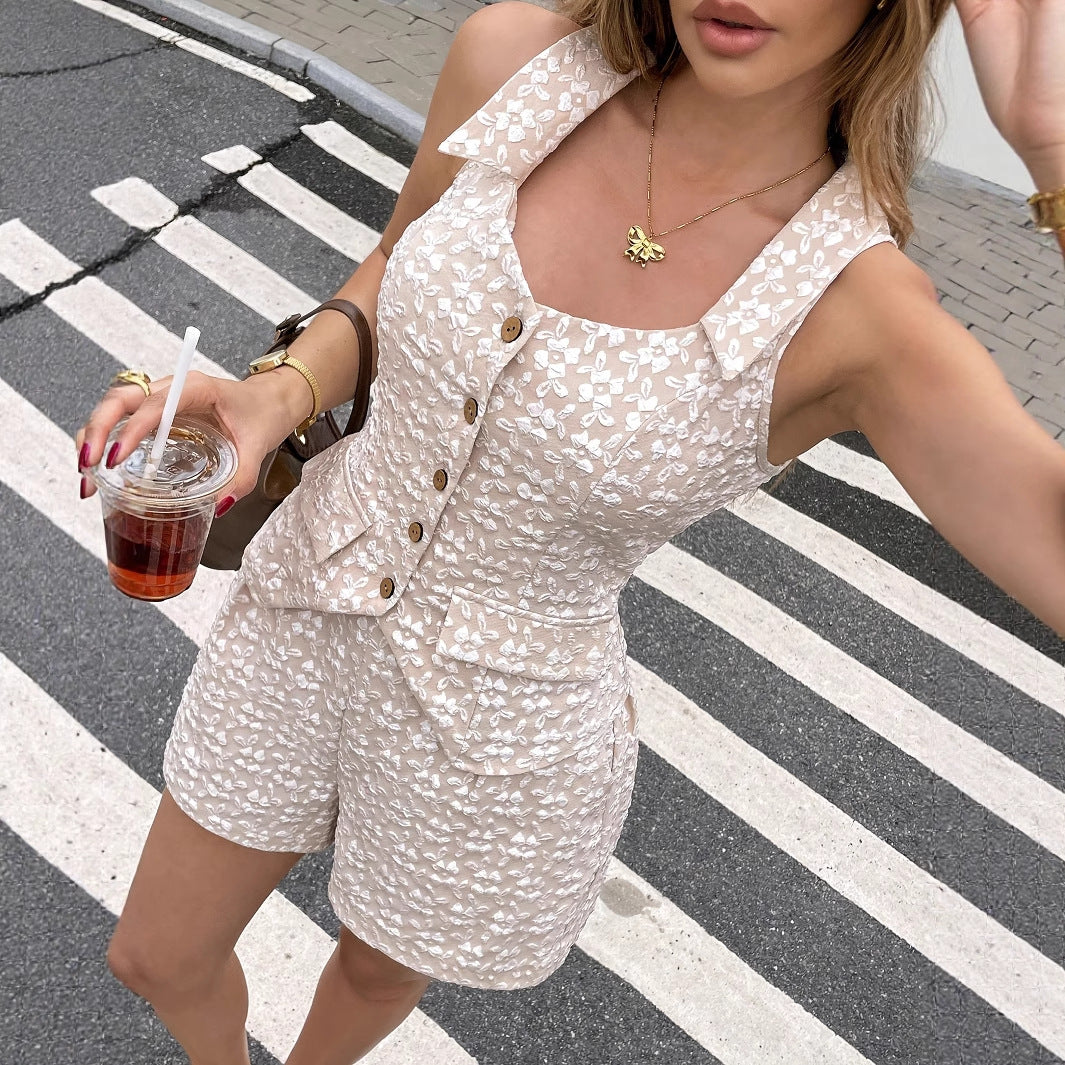 Womens Elegant Floral Jacquard Single-Breasted Sleeveless Tank Top And Shorts Set