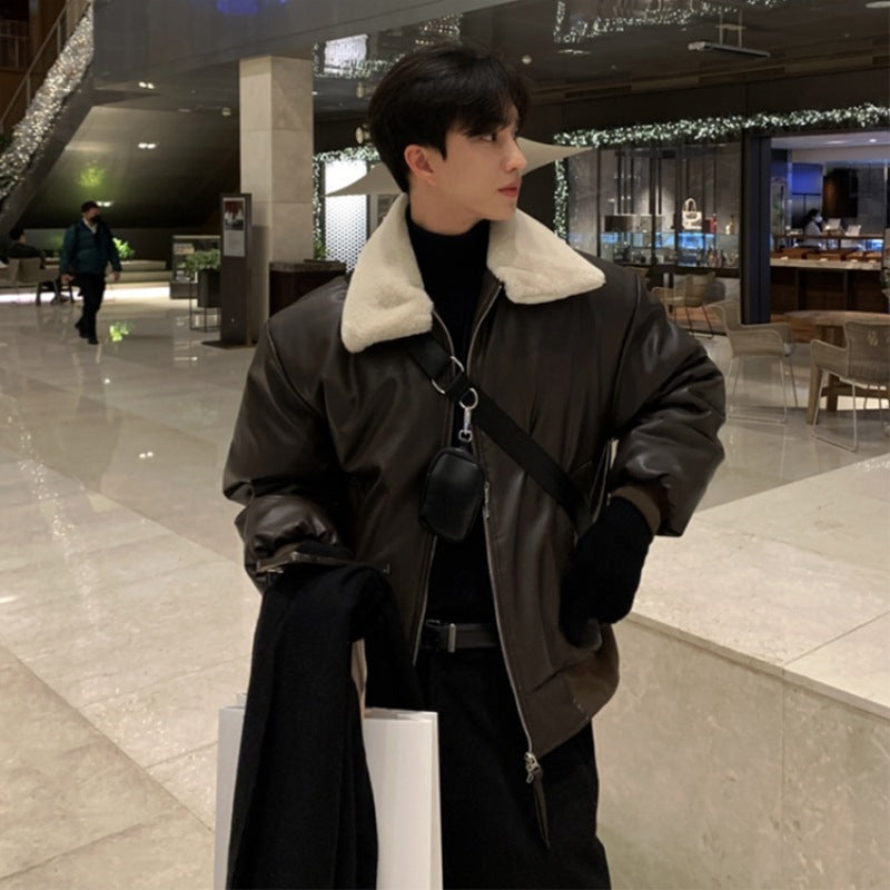 Mens Thick Trendy Lambswool Edgy Leather Jacket