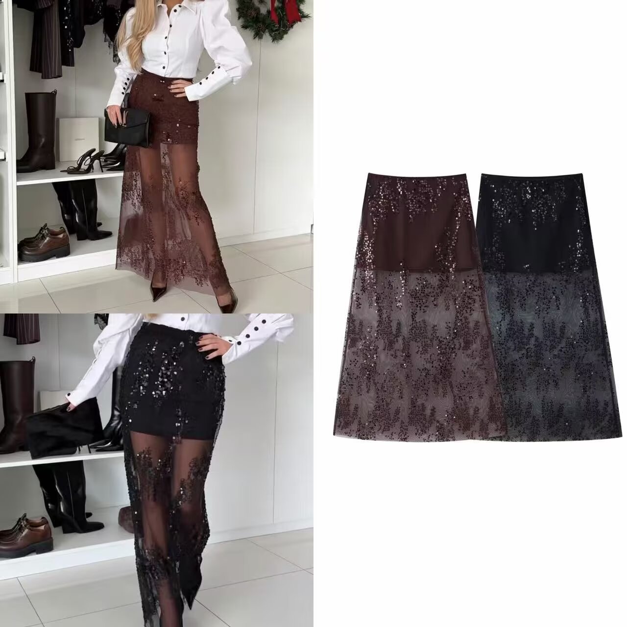 Bead Embroidered High Waist Skirt