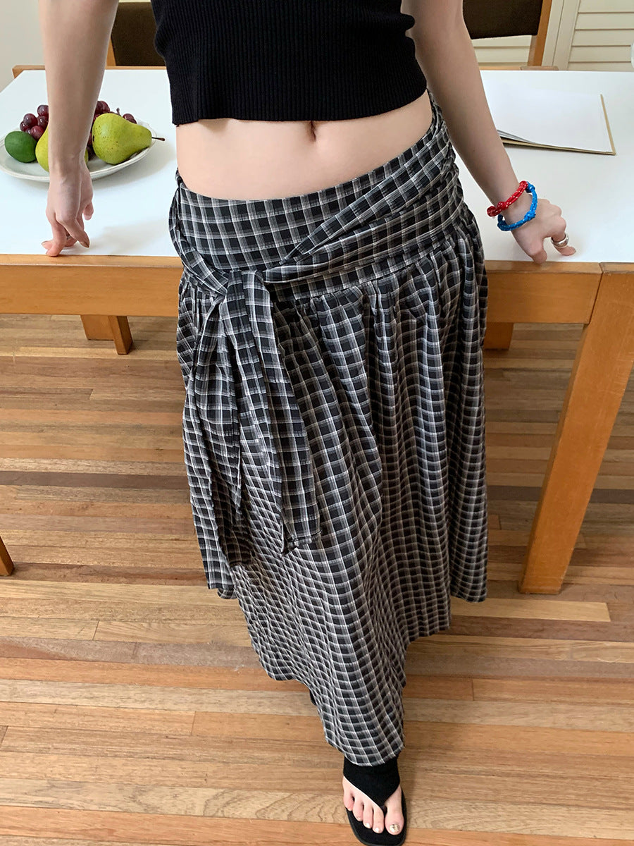 Lace-up Plaid Side Loose Zip Skirt
