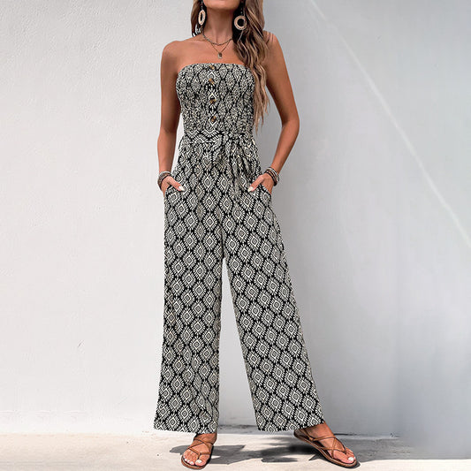 Ethnic Holiday Floral Print Tube Top Jumpsuit