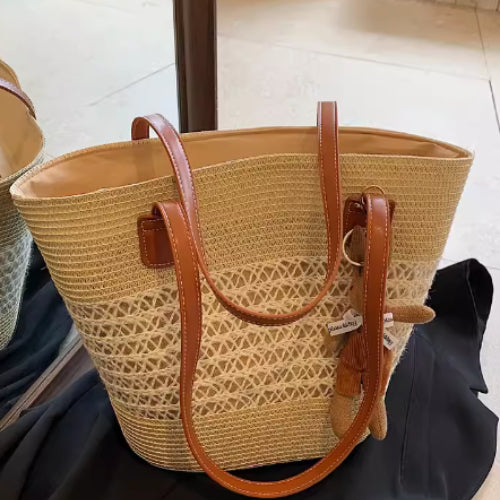 Tote Strand Stor Kapacitet Vævet Skuldertaske Rattan Vævet