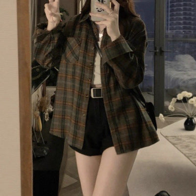 Womens Retro Brushed Plaid Casual Shirt