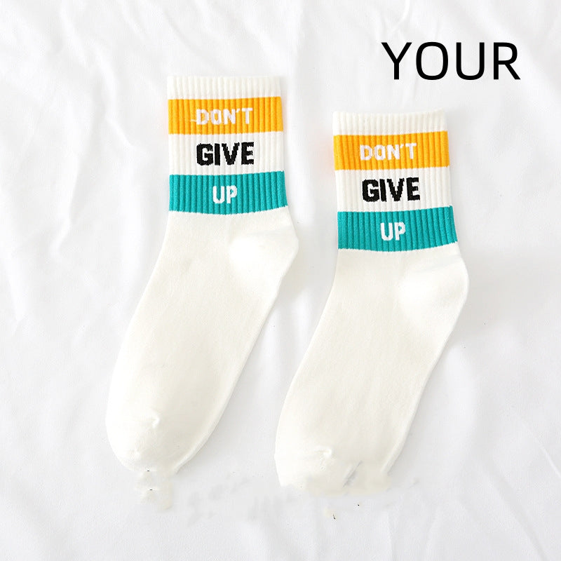 Spring And Autumn Ladies New Mid-calf English Letters Wide Stripe Combination Ins Trend Athletic Socks Combed Cotton Women's Socks Manufacturer