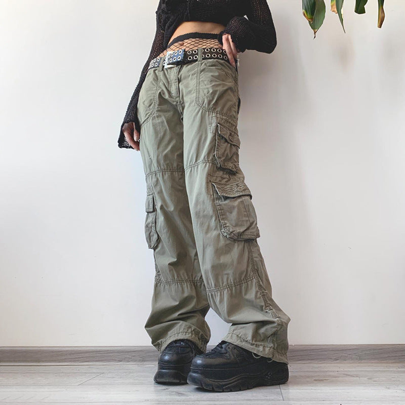 American Street Retro Low Waist Solid Color Multi-pocket Jeans