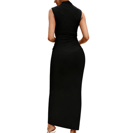 Solid-color Tight-fitting Sleeveless Turtleneck Dress