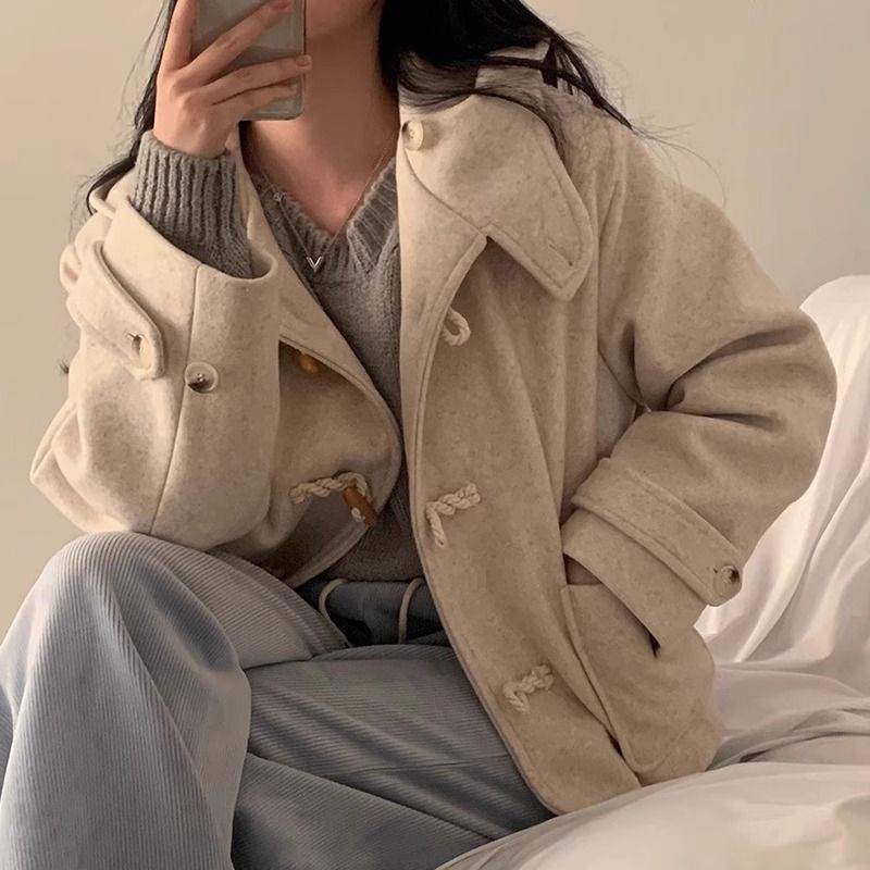 Horn Button Design Large Pocket Loose Versatile Hooded Woolen Short Coat