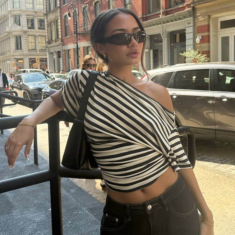 Retro Off-shoulder Striped Waist-cinching Figure-flattering Top