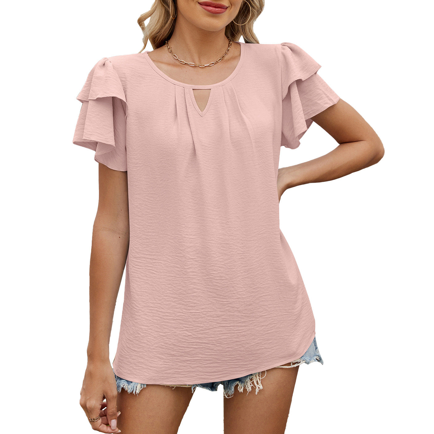 Solid Color And V-neck Hollow-out Double-layer Sleeve Loose Chiffon T-shirt