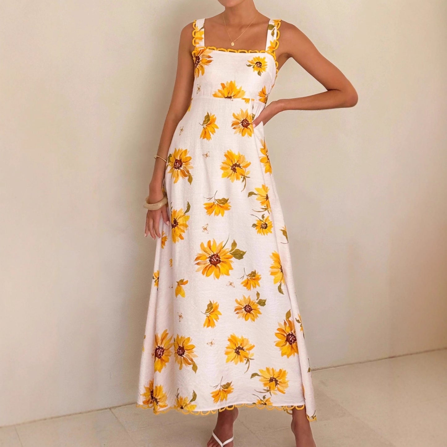 Casual Resort-style Lace Linen Slip Dress